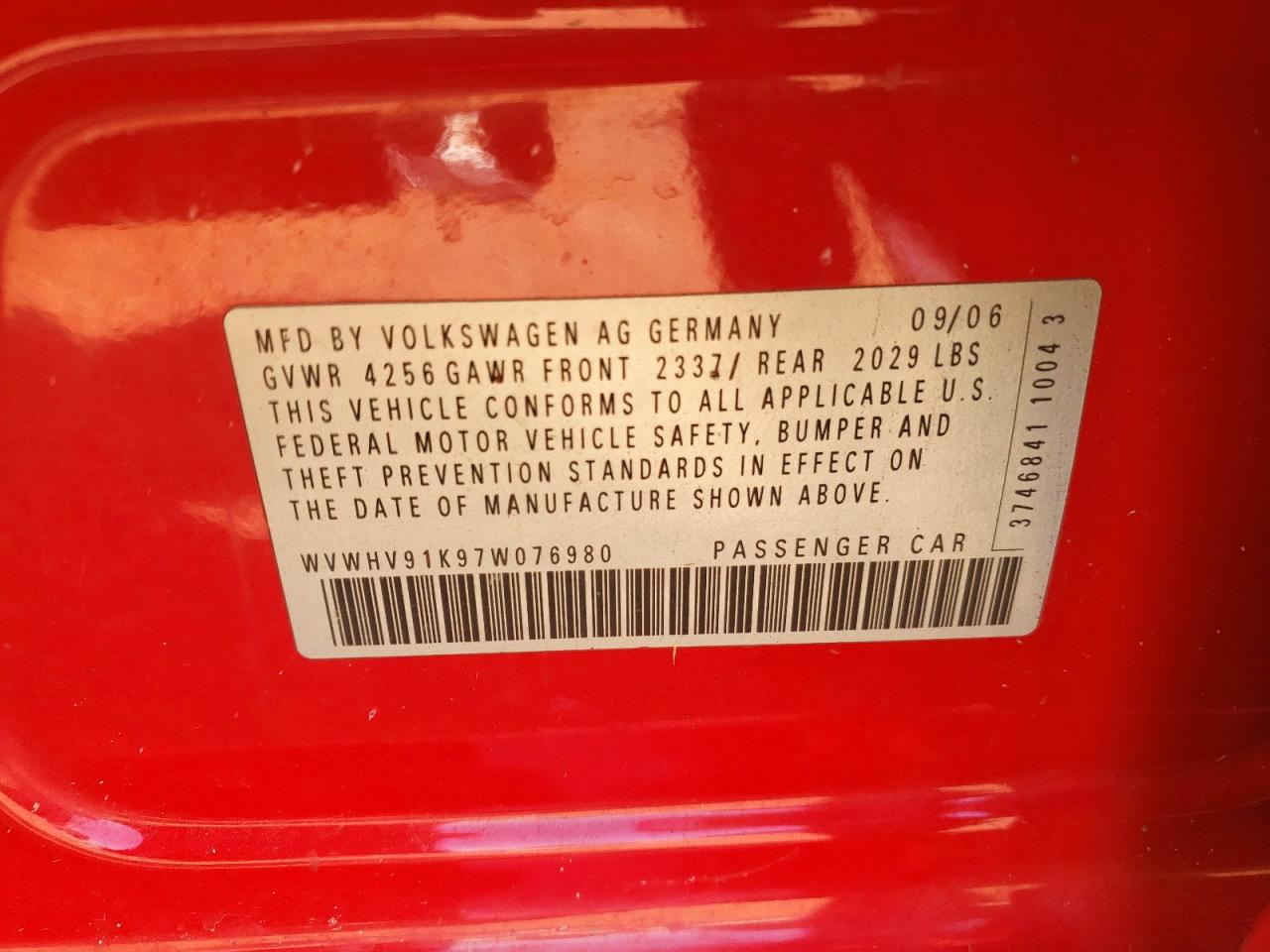 2007 Volkswagen New Gti VIN: WVWHV91K97W076980 Lot: 81197185