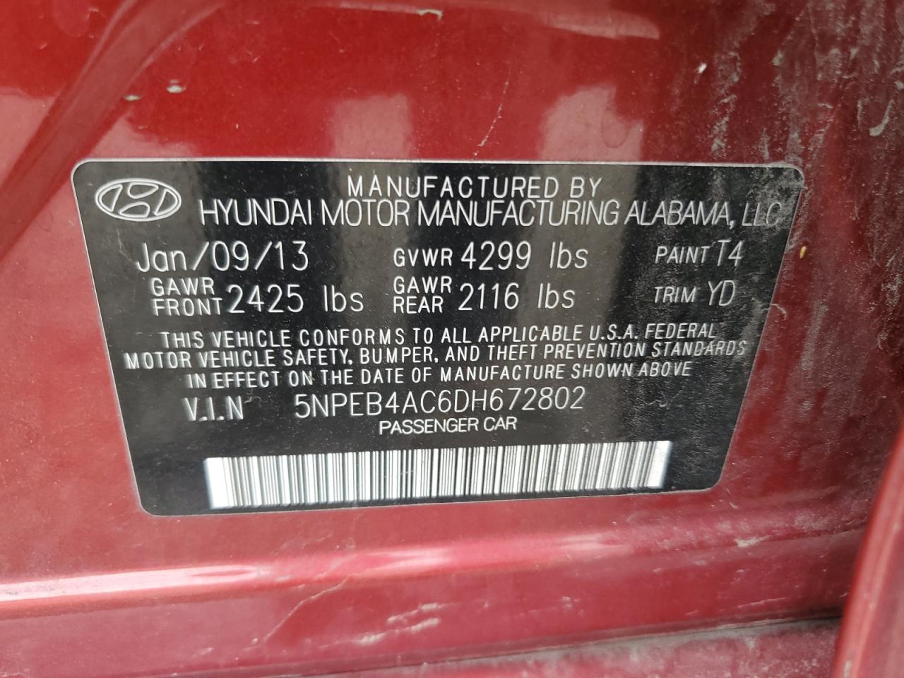 2013 Hyundai Sonata Gls VIN: 5NPEB4AC6DH672802 Lot: 81749375