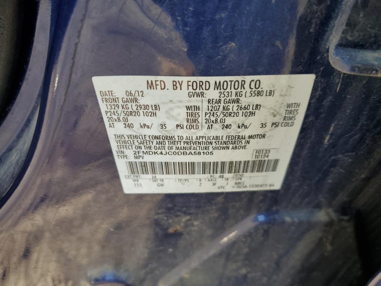 2013 Ford Edge Sel VIN: 2FMDK4JC0DBA58105 Lot: 80741995