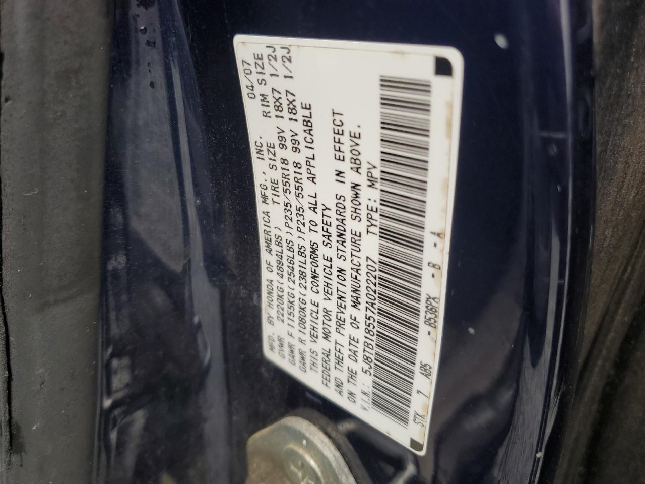 2007 Acura Rdx Technology VIN: 5J8TB18557A022207 Lot: 84890135