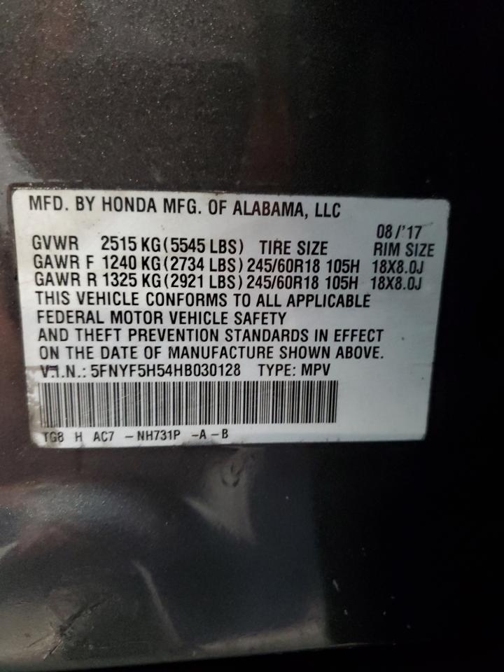 2017 Honda Pilot Exl VIN: 5FNYF5H54HB030128 Lot: 84804075