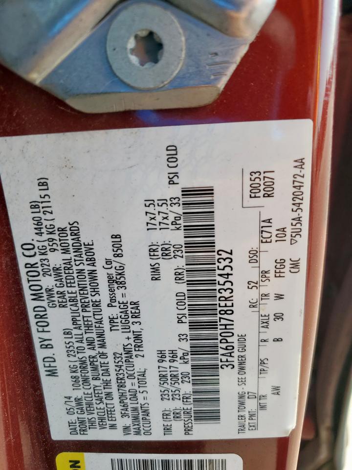 2014 Ford Fusion Se VIN: 3FA6P0H78ER354532 Lot: 80791065