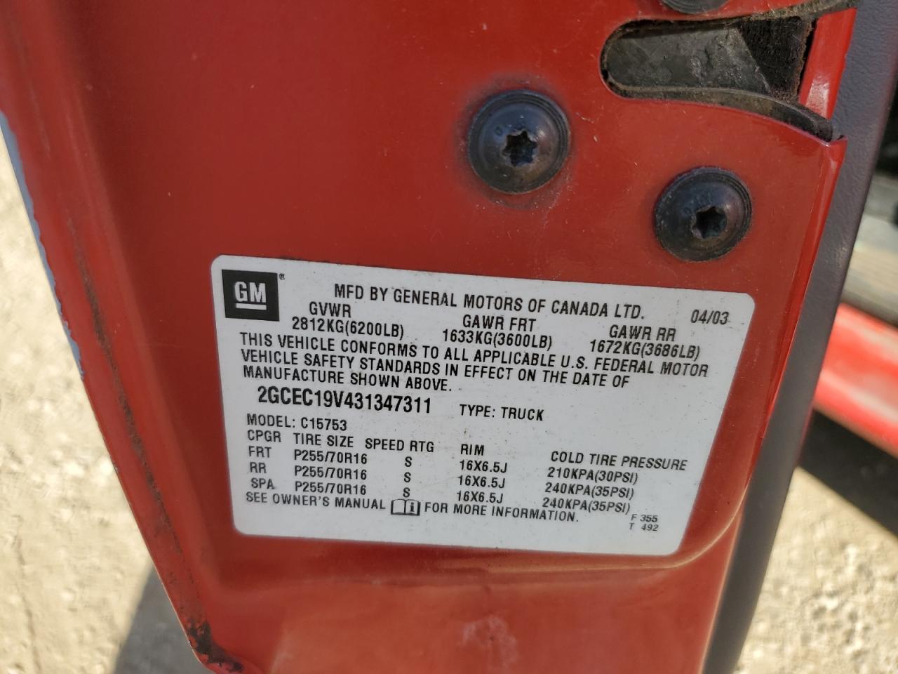 2003 Chevrolet Silverado C1500 VIN: 2GCEC19V431347311 Lot: 80015265