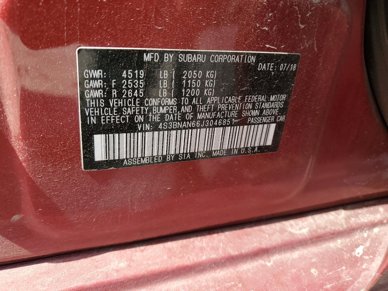 2018 Subaru Legacy 2.5I Limited VIN: 4S3BNAN66J3046851 Lot: 81129195