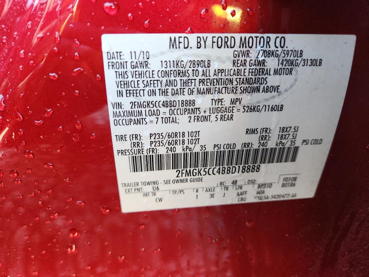 2011 Ford Flex Sel VIN: 2FMGK5CC4BBD18888 Lot: 80195635