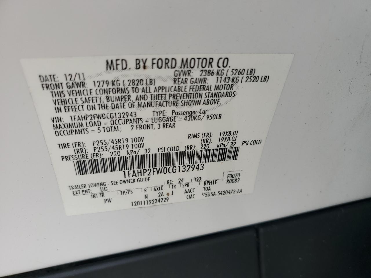 2012 Ford Taurus Limited VIN: 1FAHP2FW0CG132943 Lot: 84575505