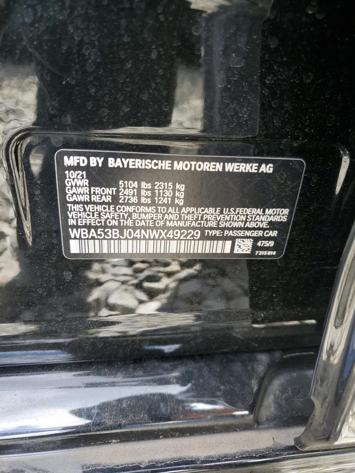 2022 BMW 540 I VIN: WBA53BJ04NWX49229 Lot: 71642465