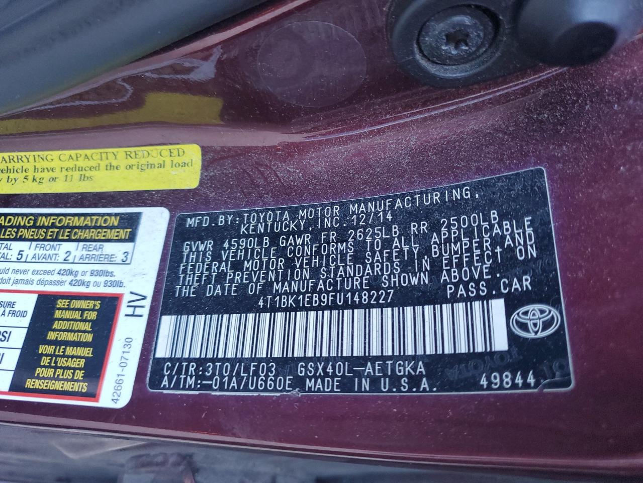 2015 Toyota Avalon Xle VIN: 4T1BK1EB9FU148227 Lot: 83874465