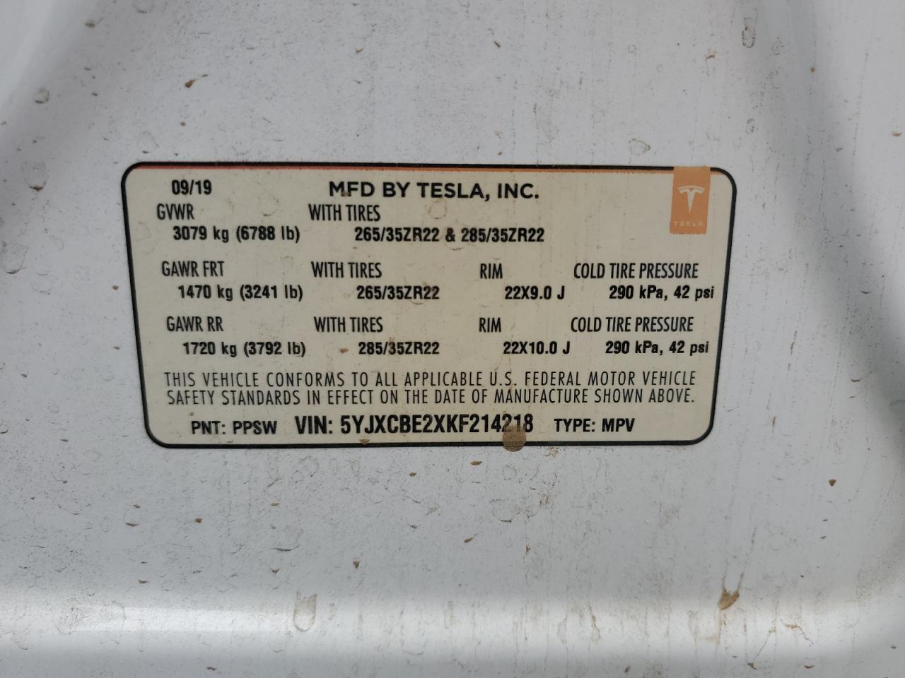 2019 Tesla Model X VIN: 5YJXCBL2XK1214218 Lot: 81521415