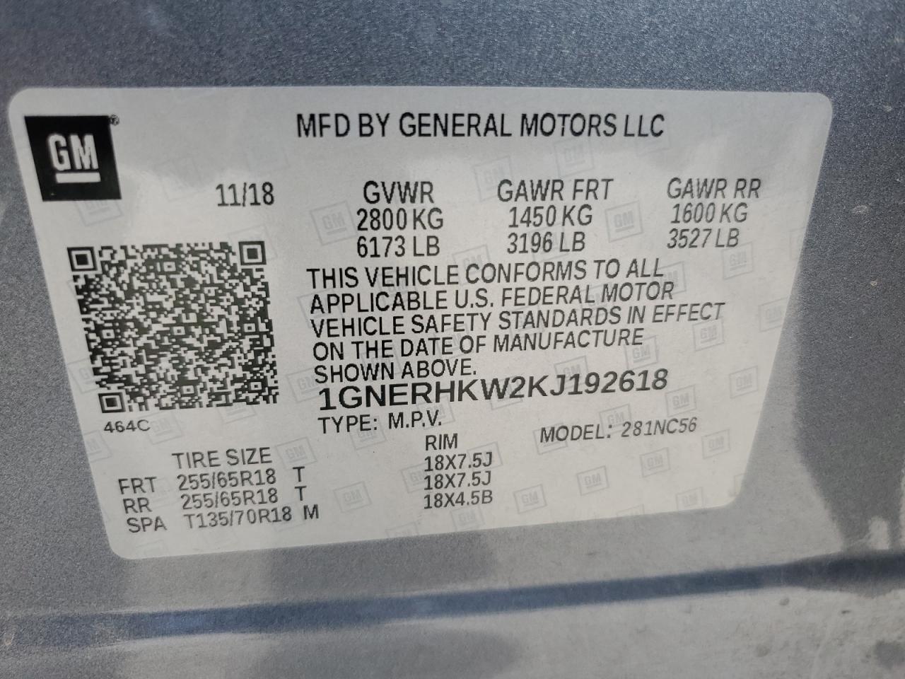 2019 Chevrolet Traverse Lt VIN: 1GNERHKW2KJ192618 Lot: 71821355