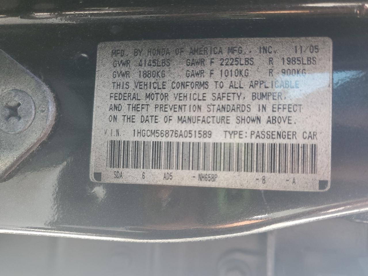 2006 Honda Accord Ex VIN: 1HGCM56876A051589 Lot: 71529645