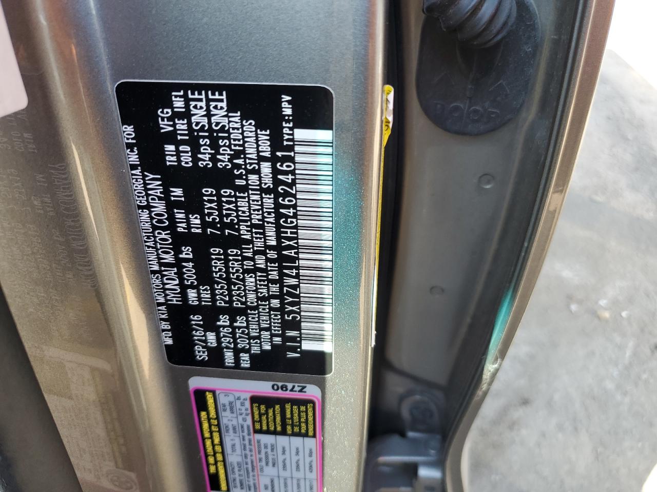 2017 Hyundai Santa Fe Sport VIN: 5XYZW4LAXHG462461 Lot: 81807855