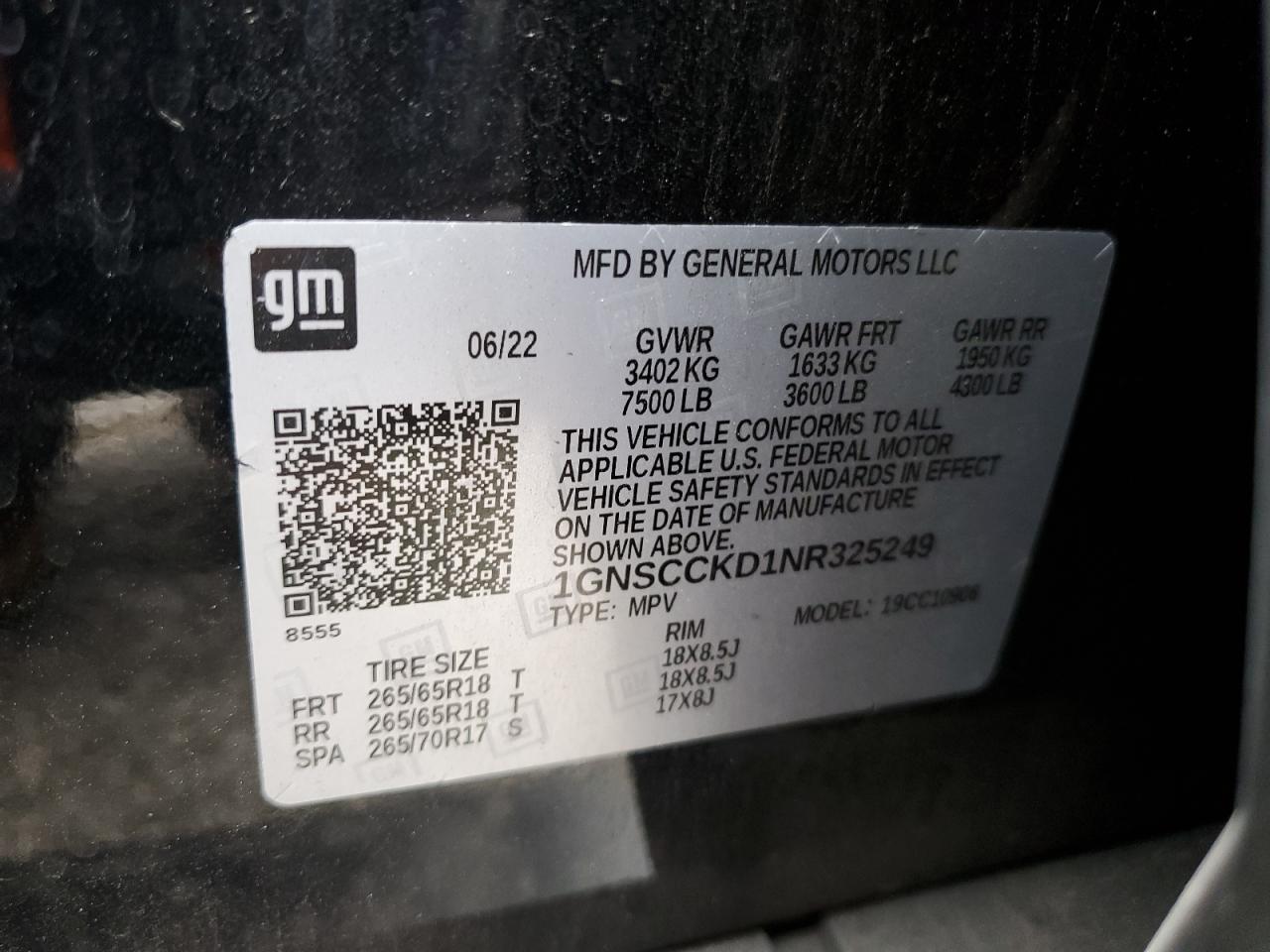 2022 Chevrolet Suburban C1500 Lt VIN: 1GNSCCKD1NR325249 Lot: 84367375