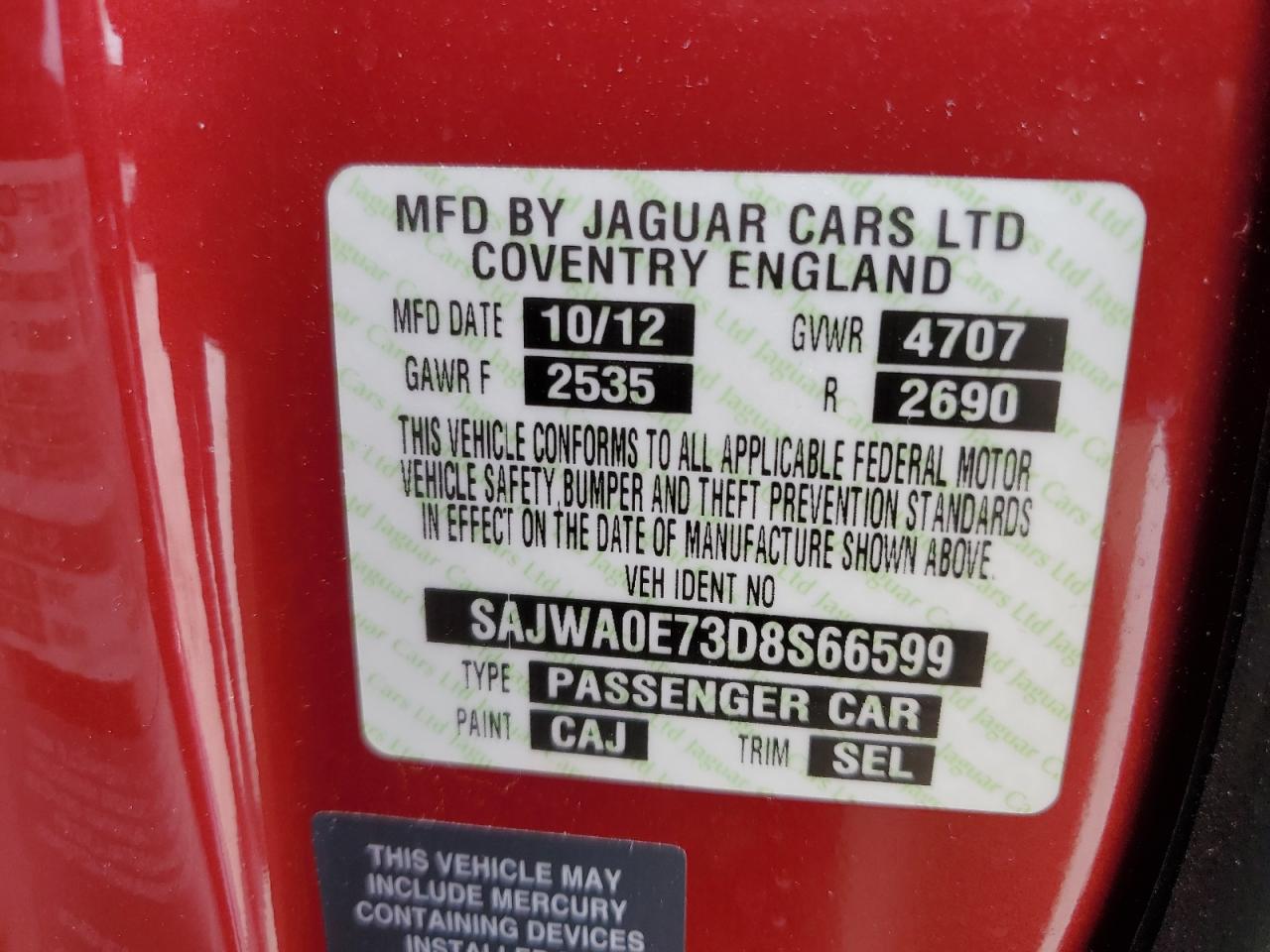 2013 Jaguar Xf VIN: SAJWA0E73D8S66599 Lot: 80264895