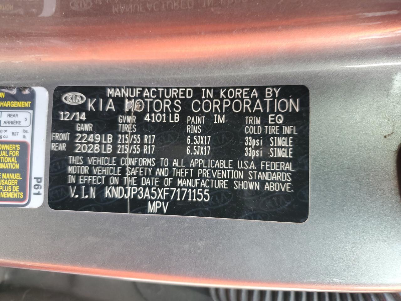 2015 Kia Soul + VIN: KNDJP3A5XF7171155 Lot: 72024025