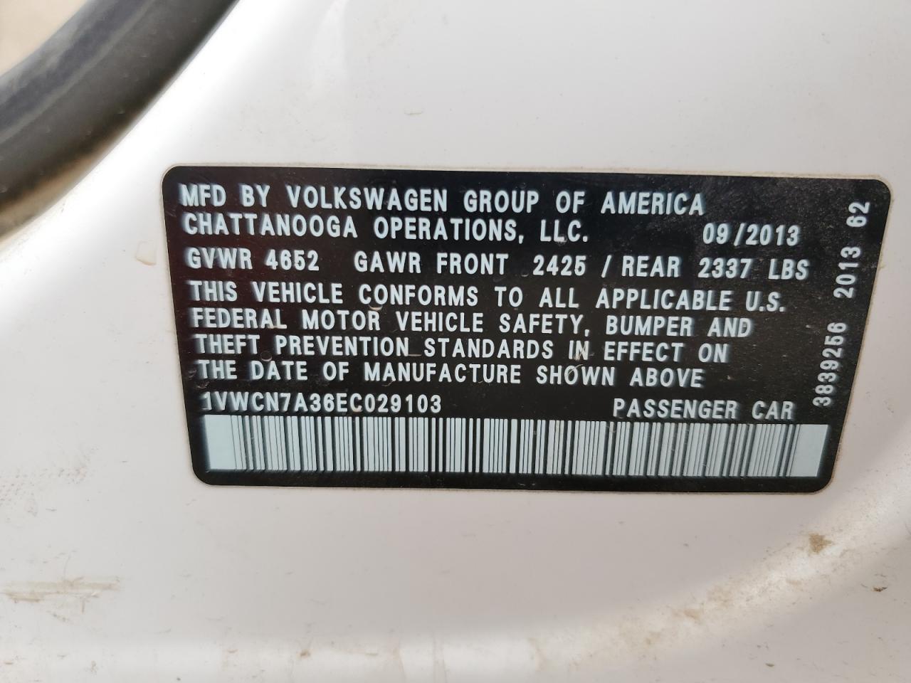 2014 Volkswagen Passat Sel VIN: 1VWCN7A36EC029103 Lot: 81390655