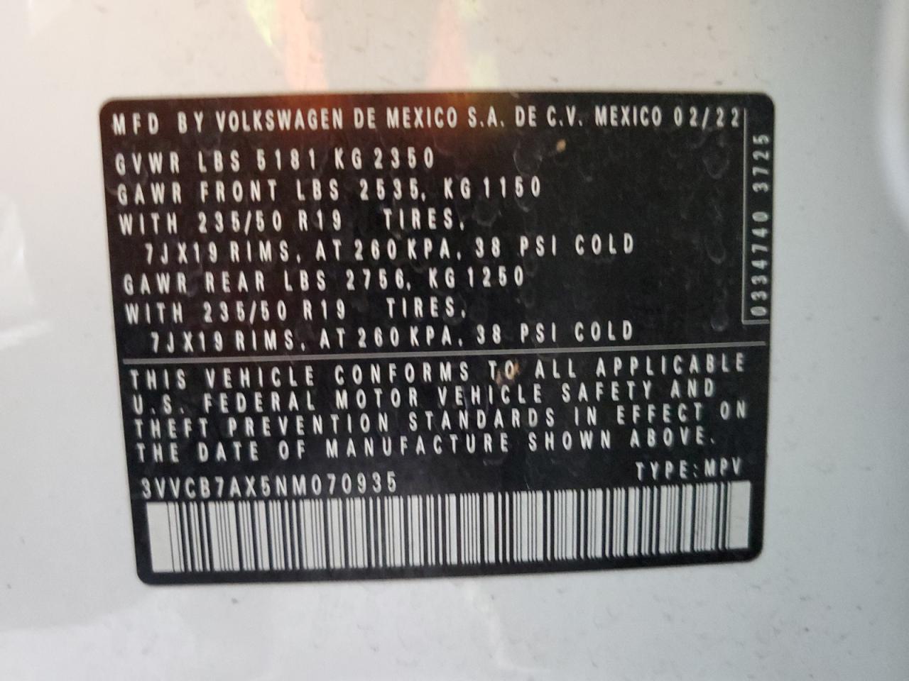 2022 Volkswagen Tiguan Se R-Line Black VIN: 3VVCB7AX5NM070935 Lot: 80147435