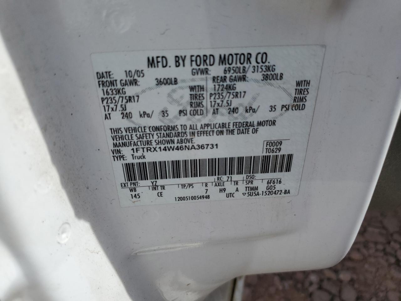 2006 Ford F150 VIN: 1FTRX14W46NA36731 Lot: 80685865