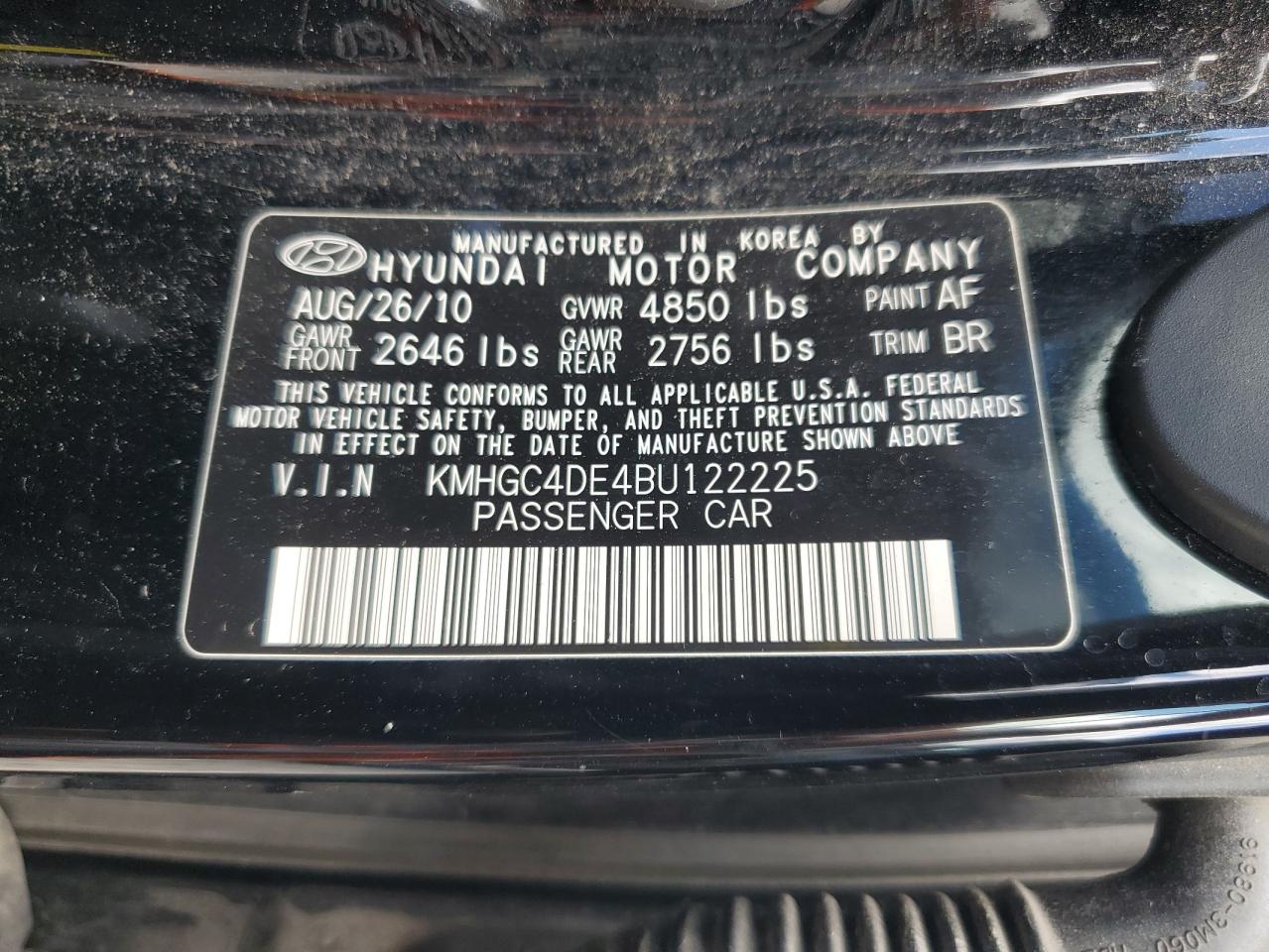 2011 Hyundai Genesis 3.8L VIN: KMHGC4DE4BU122225 Lot: 83927995