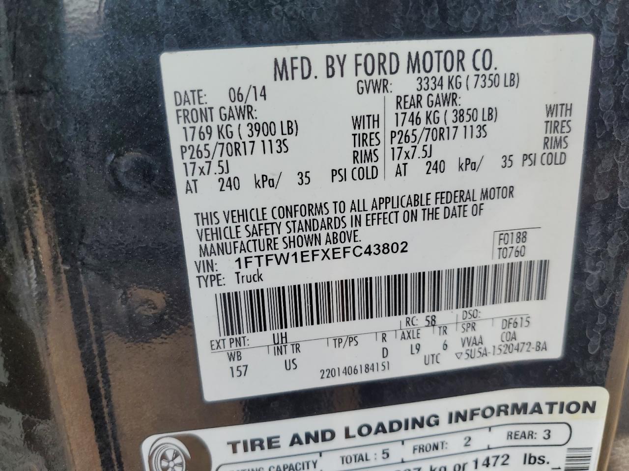 2014 Ford F150 Supercrew VIN: 1FTFW1EFXEFC43802 Lot: 71292175