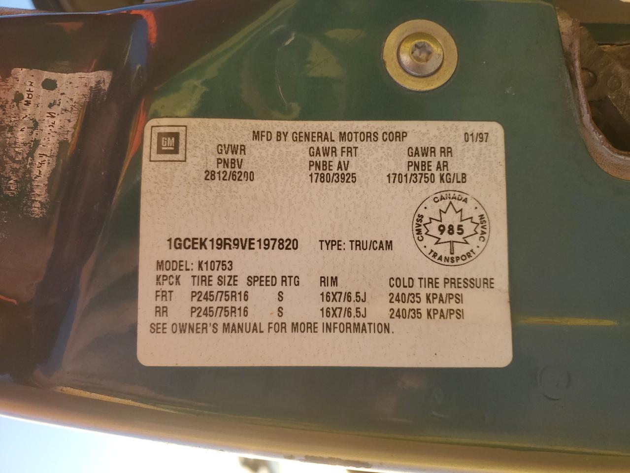 1997 Chevrolet Gmt-400 K1500 VIN: 1GCEK19R9VE197820 Lot: 84001185