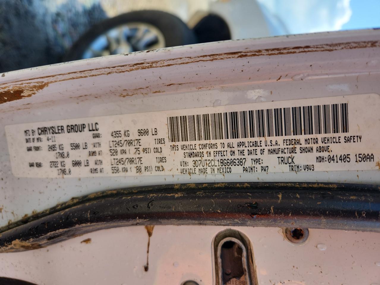 2011 Dodge Ram 2500 VIN: 3D7UT2CL1BG606387 Lot: 84386865