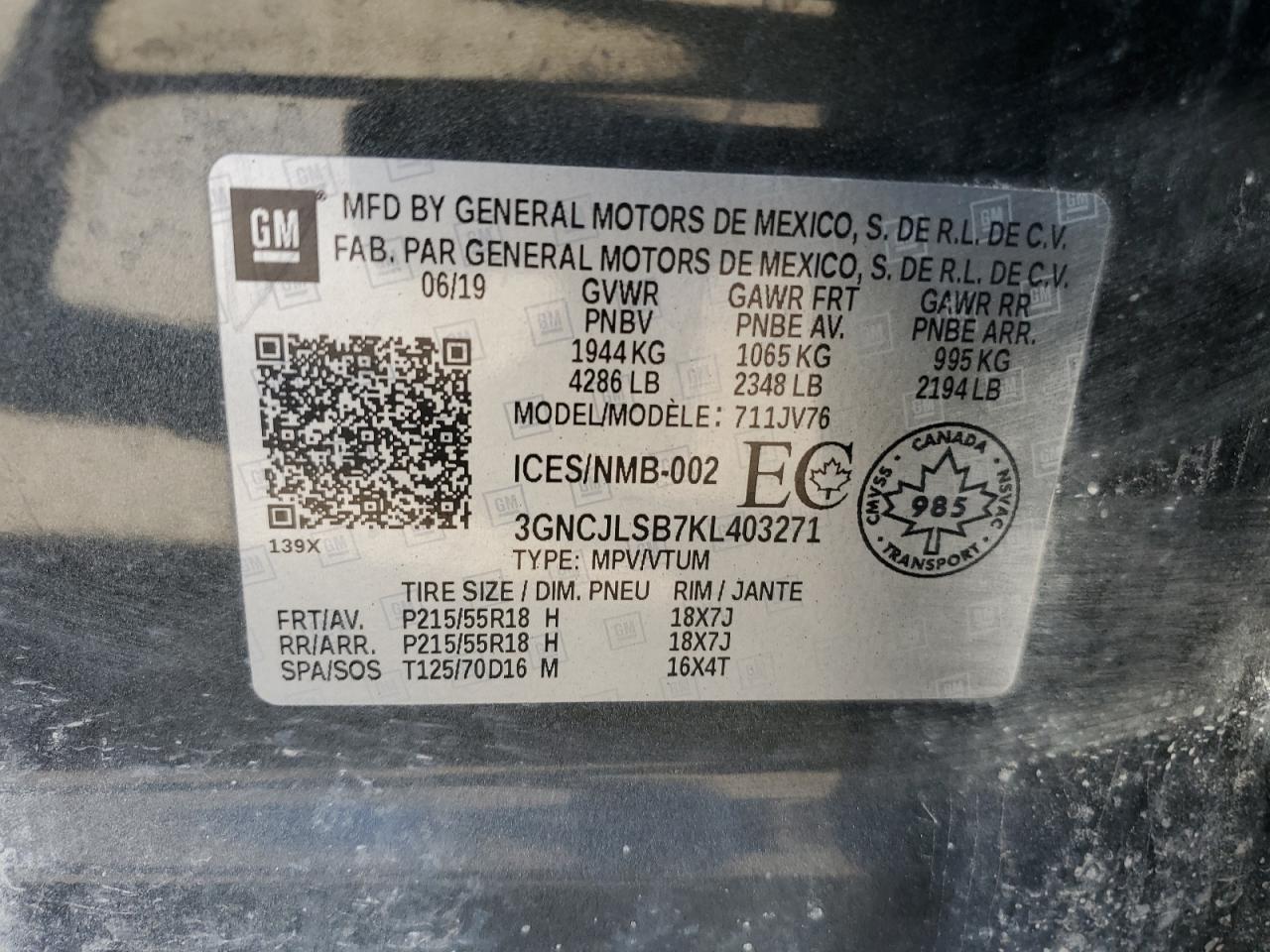 2019 Chevrolet Trax 1Lt VIN: 3GNCJLSB7KL403271 Lot: 84003455