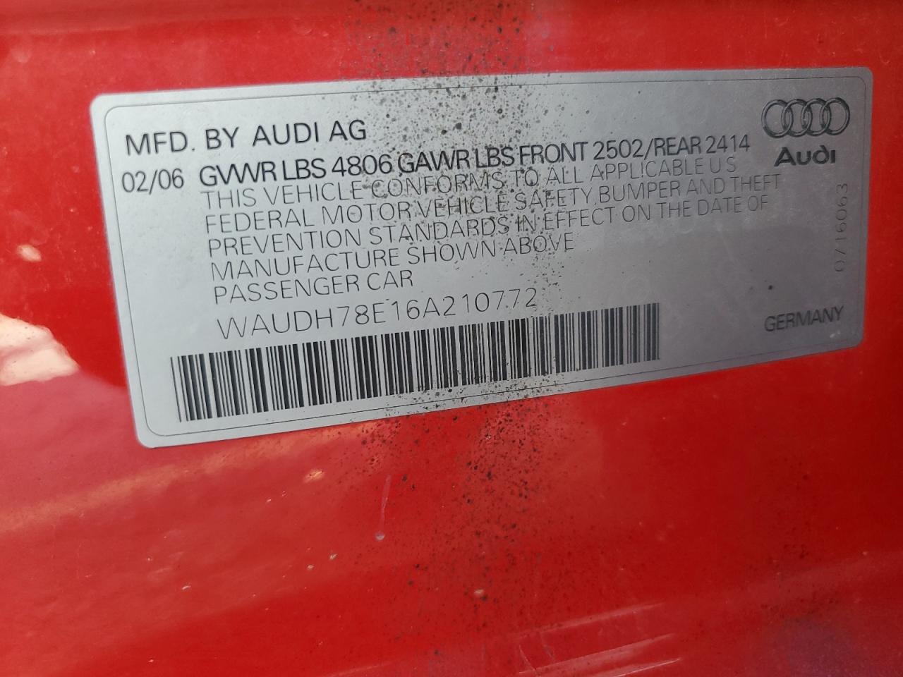 2006 Audi A4 3.2 Quattro VIN: WAUDH78E16A210772 Lot: 82154695