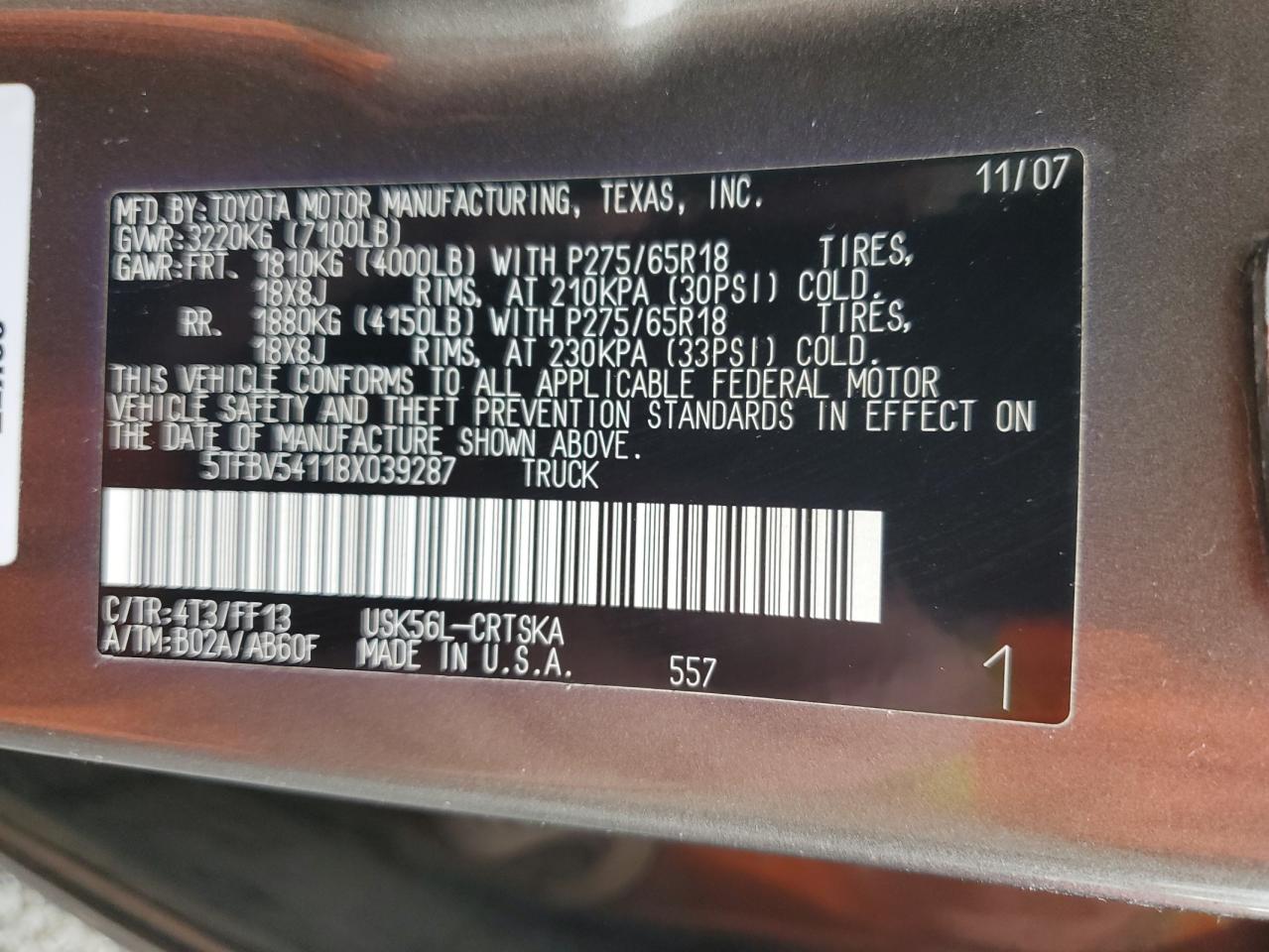 2008 Toyota Tundra Double Cab VIN: 5TFBV54118X039287 Lot: 84558375