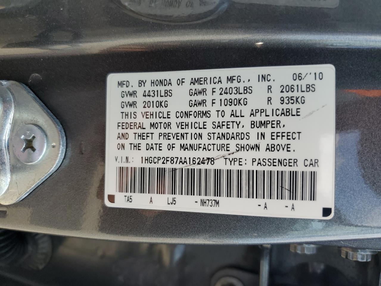 2010 Honda Accord Exl VIN: 1HGCP2F87AA162478 Lot: 80739775