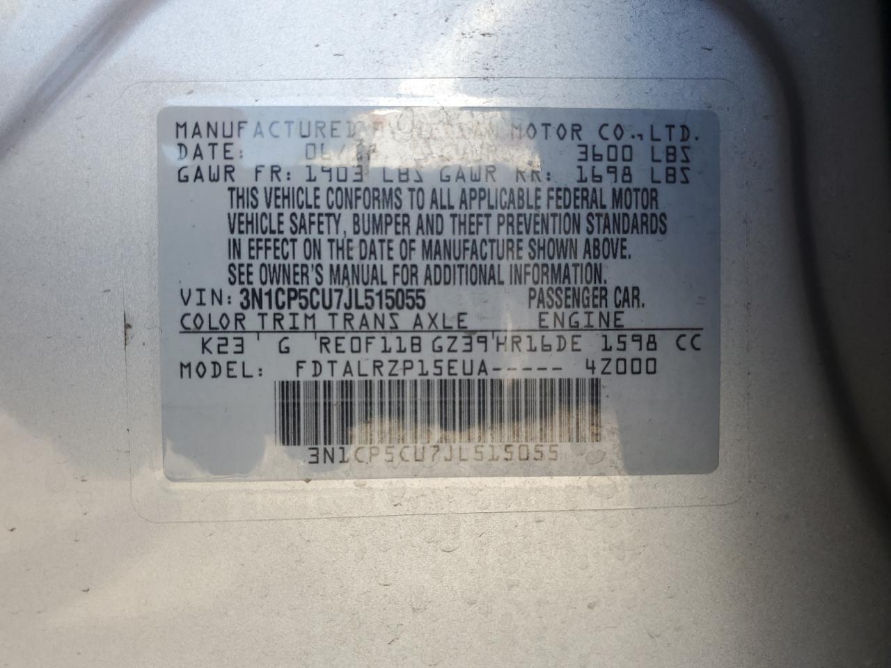 2018 Nissan Kicks S VIN: 3N1CP5CU7JL515055 Lot: 83833775