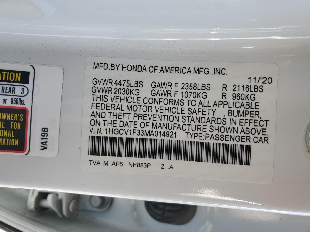 2021 Honda Accord Sport VIN: 1HGCV1F33MA014921 Lot: 84802135