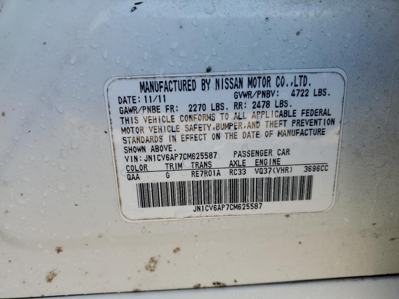 2012 Infiniti G37 Base VIN: JN1CV6AP7CM625587 Lot: 81567465