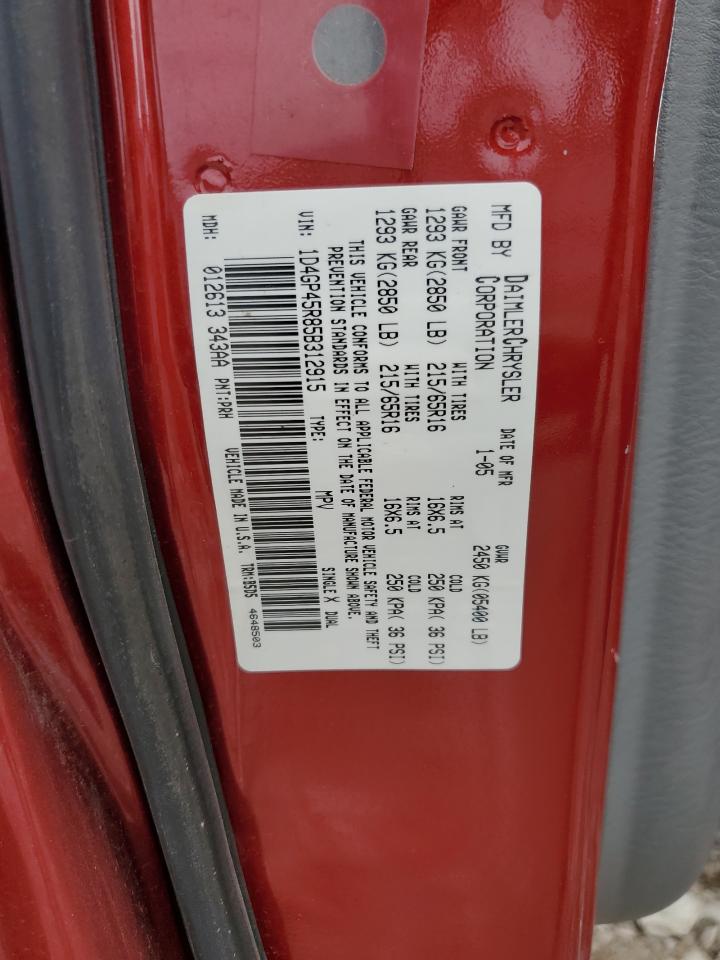 2005 Dodge Caravan Sxt VIN: 1D4GP45R85B312915 Lot: 81825525