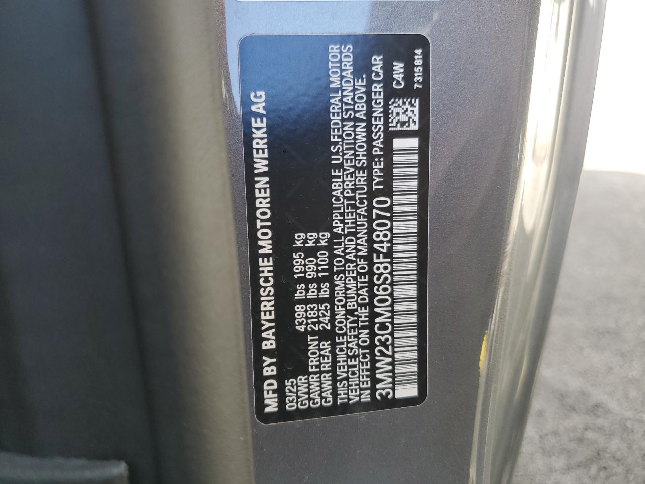 2025 BMW 230I VIN: 3MW23CM06S8F48070 Lot: 80255125