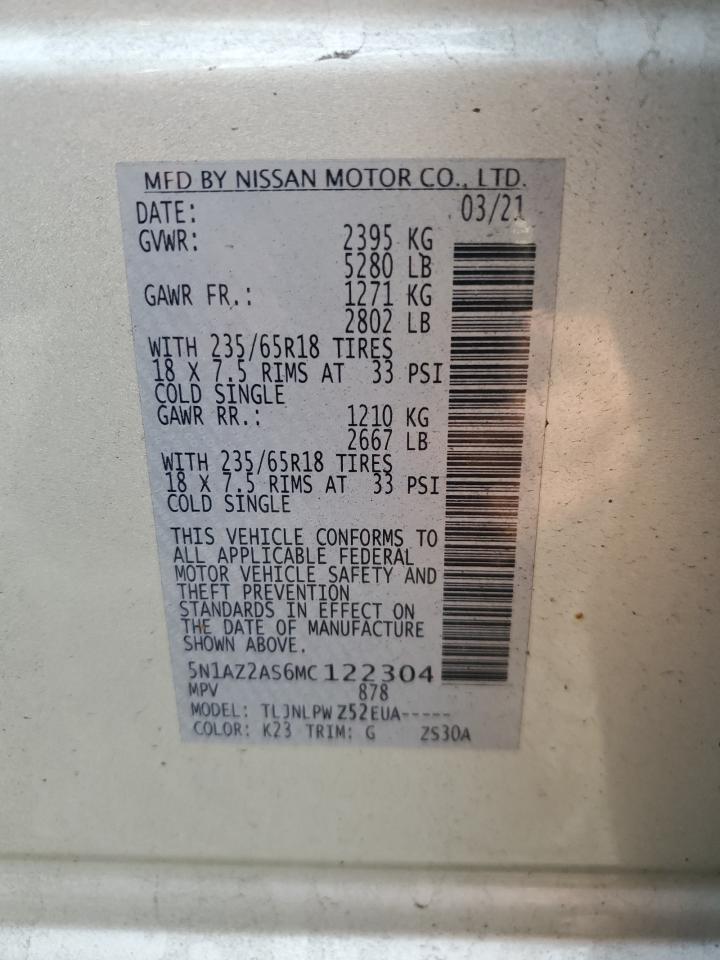 2021 Nissan Murano S VIN: 5N1AZ2AS6MC122304 Lot: 82039135