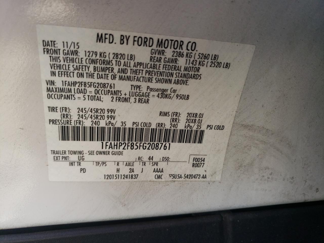 2015 Ford Taurus Limited VIN: 1FAHP2F85FG208761 Lot: 81476175