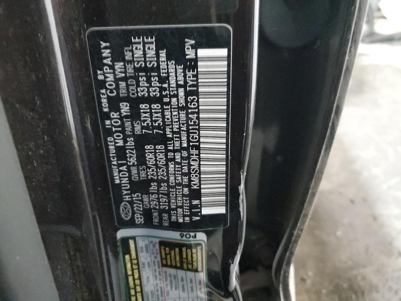 2016 Hyundai Santa Fe Se VIN: KM8SMDHF1GU154163 Lot: 81045025