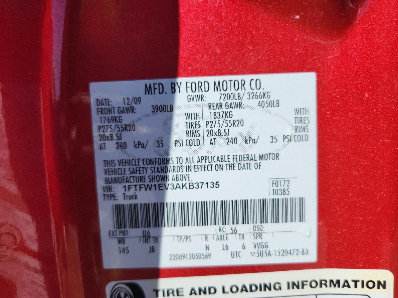 2010 Ford F150 Supercrew VIN: 1FTFW1EV3AKB37135 Lot: 71932735