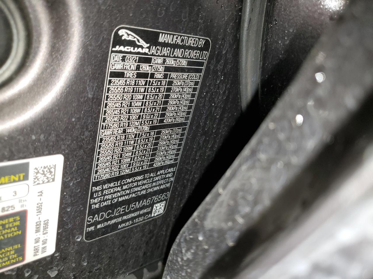 2021 Jaguar F-Pace S VIN: SADCJ2EU5MA676563 Lot: 72098875