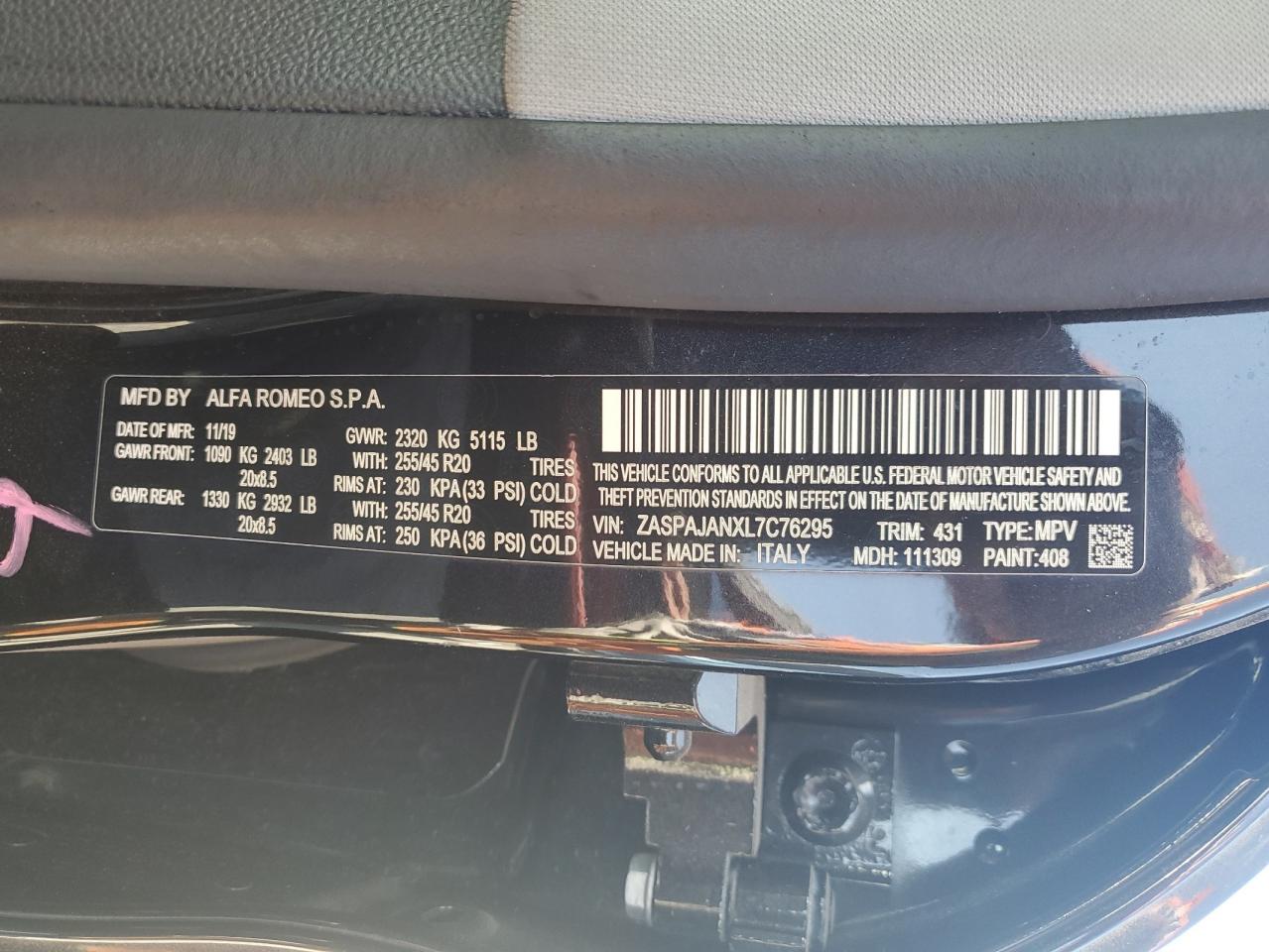 2020 Alfa Romeo Stelvio VIN: ZASPAJANXL7C76295 Lot: 71260095