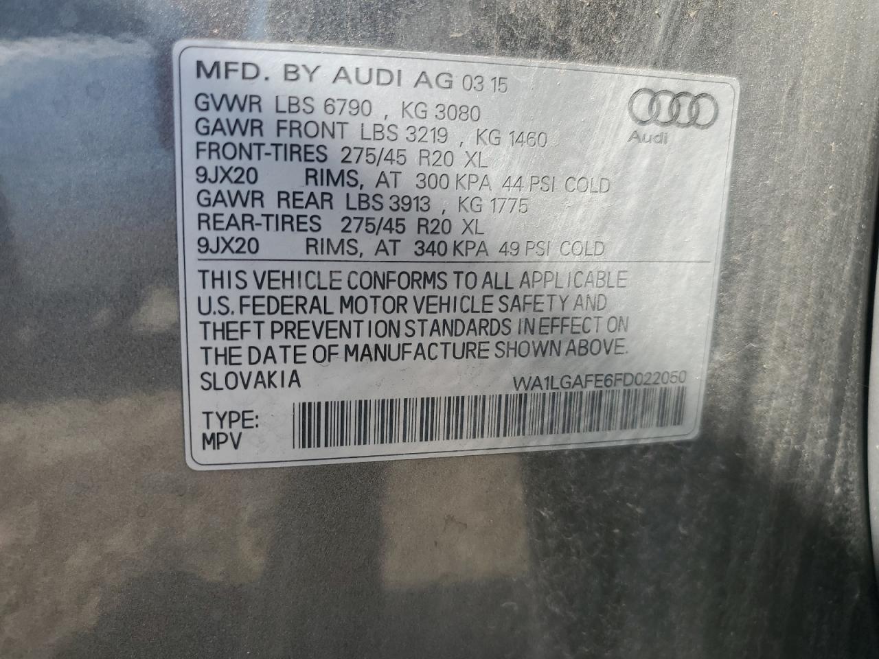 2015 Audi Q7 Premium Plus VIN: WA1LGAFE6FD022050 Lot: 80285835