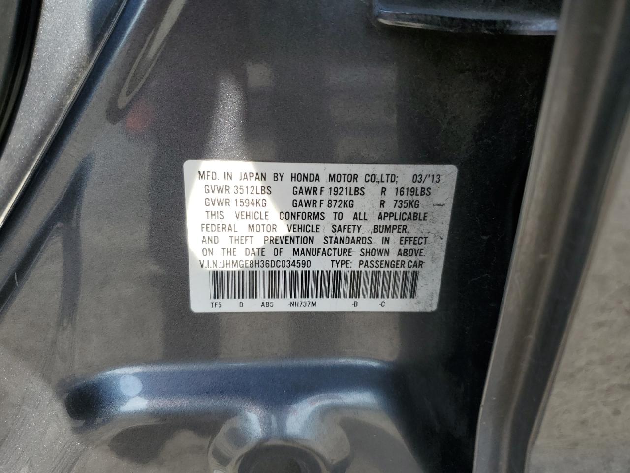 2013 Honda Fit VIN: JHMGE8H36DC034590 Lot: 80569495