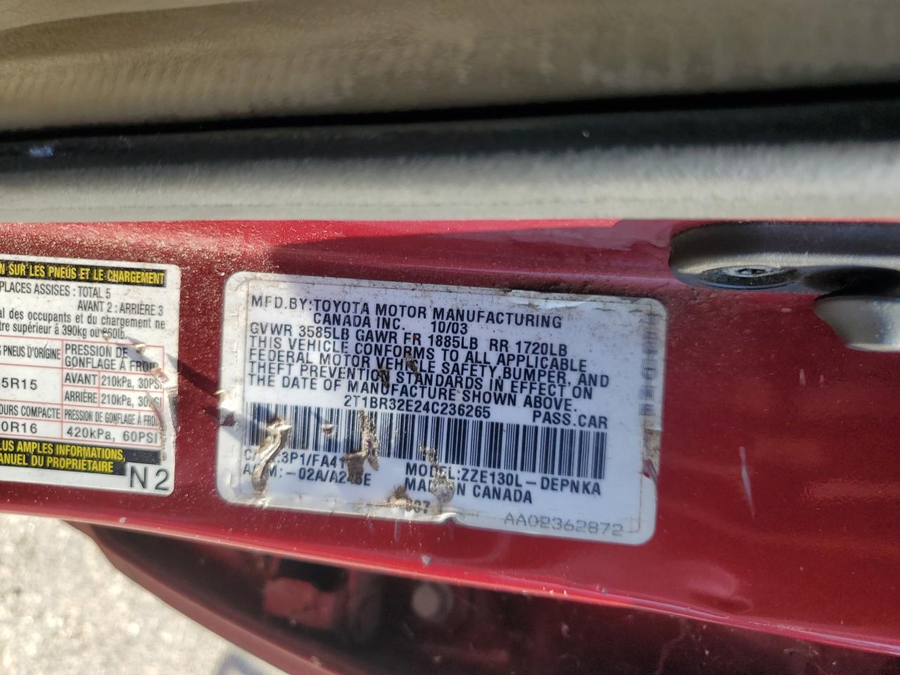 2004 Toyota Corolla Ce VIN: 2T1BR32E24C236265 Lot: 71260215