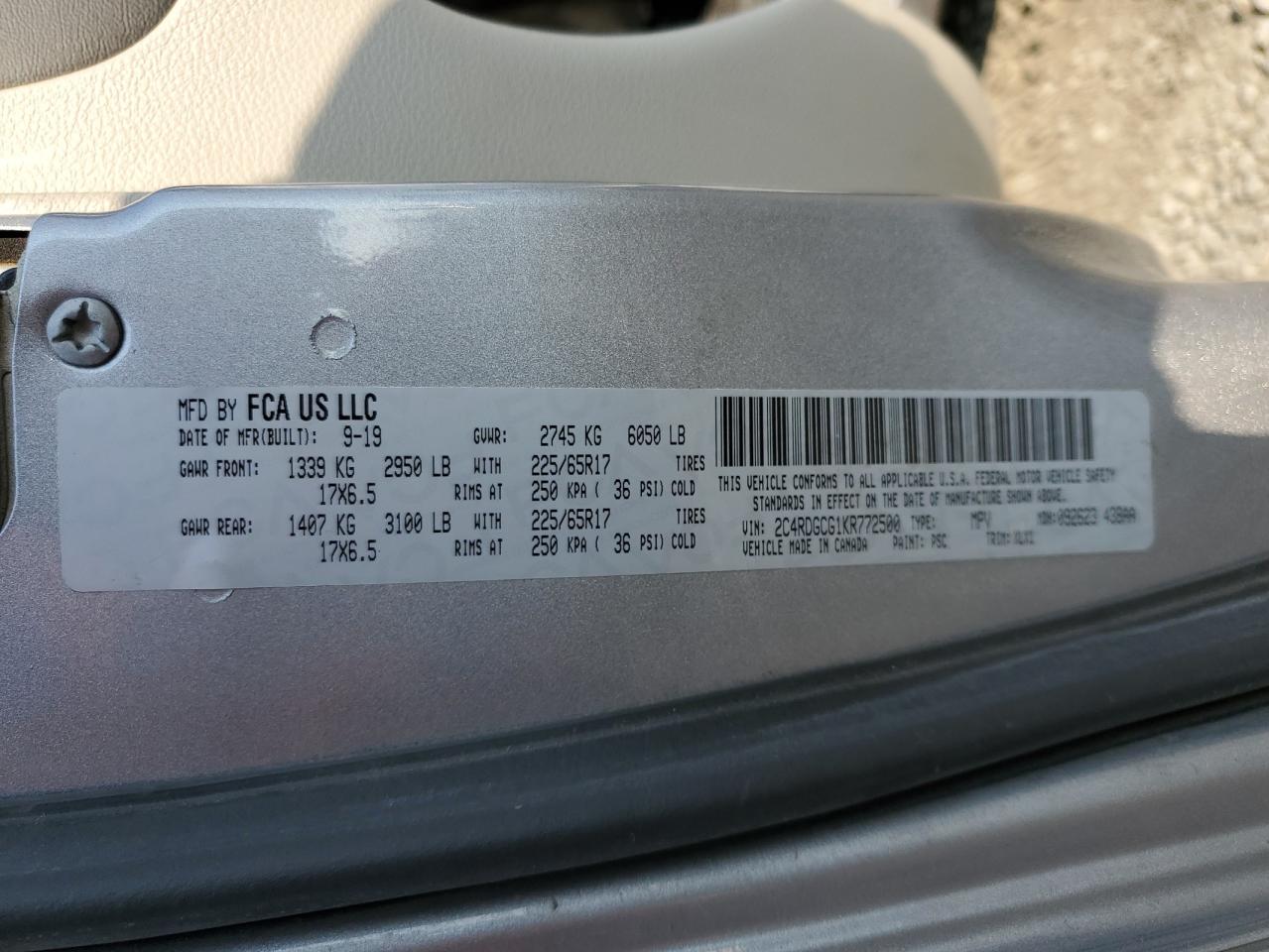 2019 Dodge Grand Caravan Sxt VIN: 2C4RDGCG1KR772500 Lot: 71903055