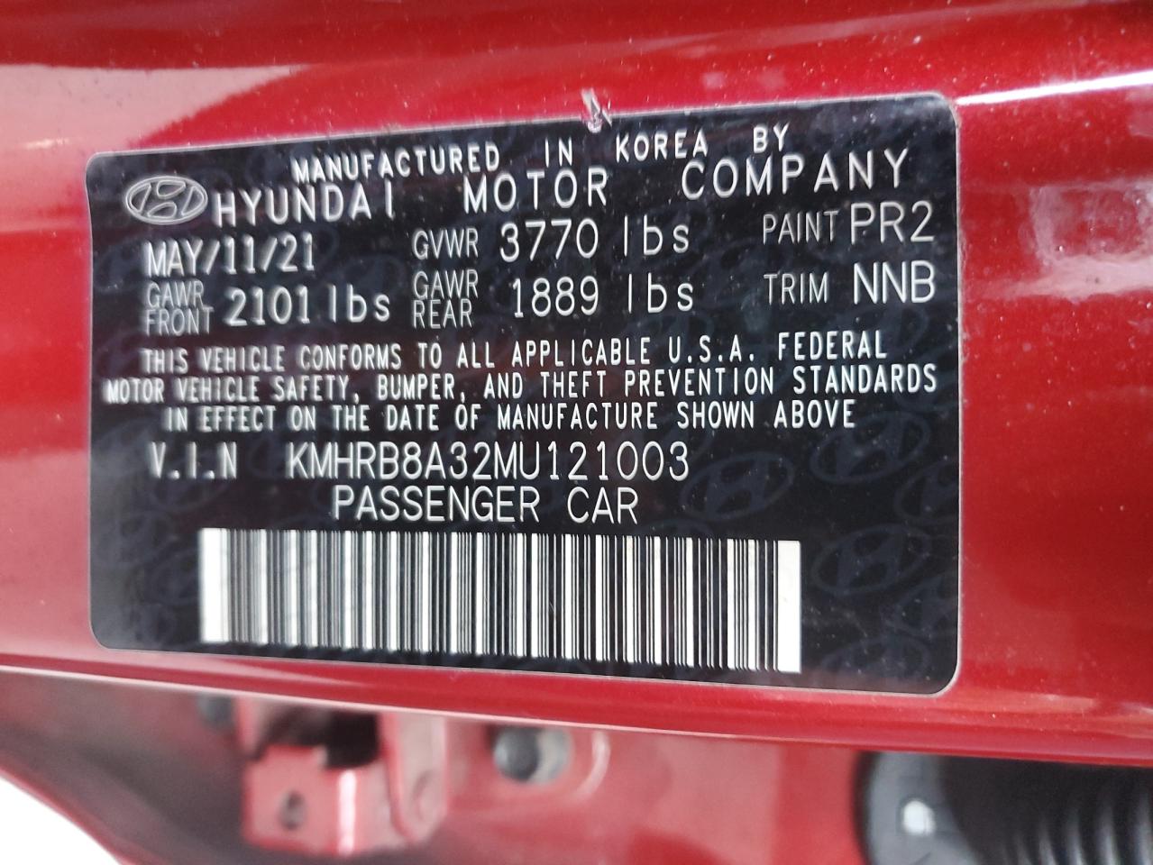 2021 Hyundai Venue Se VIN: KMHRB8A32MU121003 Lot: 81081755