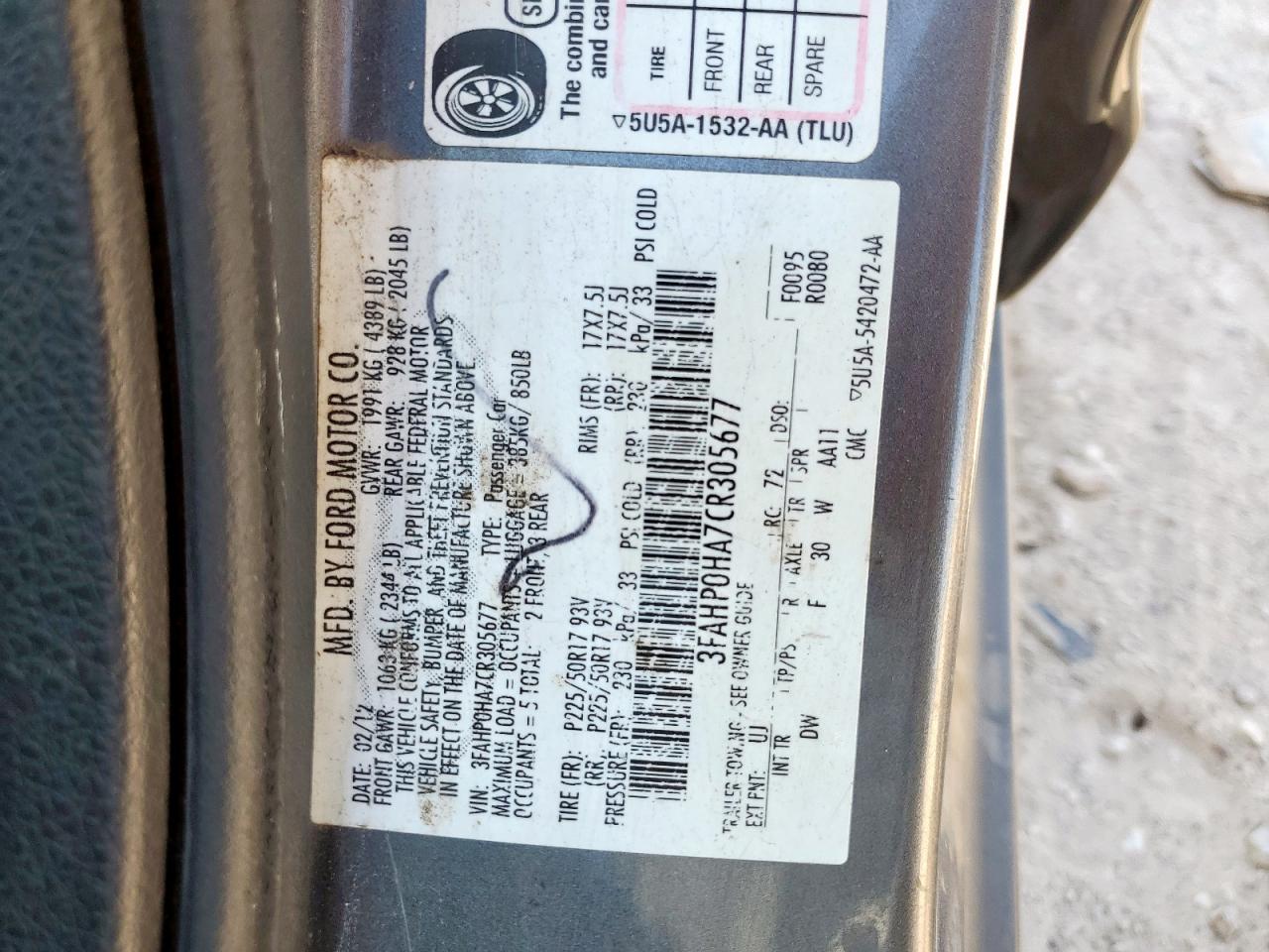 2012 Ford Fusion Se VIN: 3FAHP0HA7CR305677 Lot: 81271815