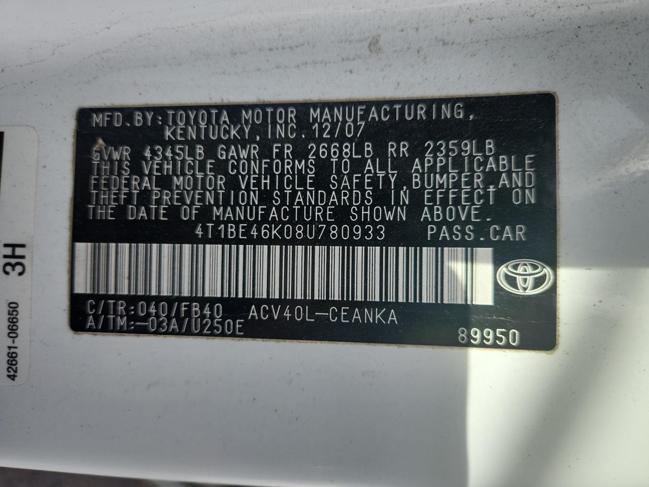 2008 Toyota Camry Ce VIN: 4T1BE46K08U780933 Lot: 80136635