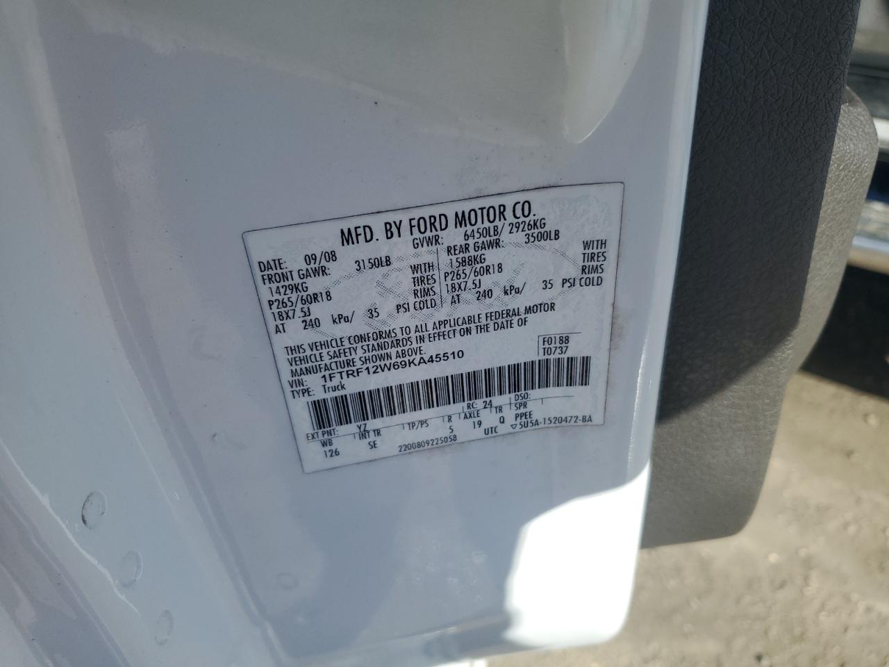 2009 Ford F150 VIN: 1FTRF12W69KA45510 Lot: 81253535