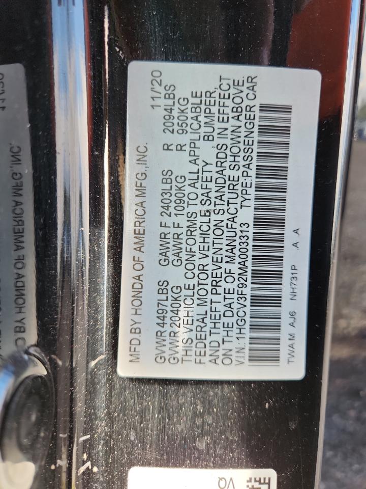 2021 Honda Accord Touring Hybrid VIN: 1HGCV3F92MA003313 Lot: 84020405